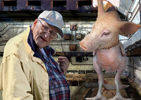Farmer Jock Kringe poses with his latest creation the Pikey. A cross between a pig and a turkey